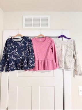 Girls Carter’s brand Long-Sleeve Peplum Top - Navy Floral, Pink, and Light Gray